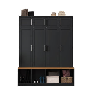 English Elm Wood Entryway Hall Tree with Bench Seating Coat Hooks Shoe Cubbies Cabinet Black W5271S00003