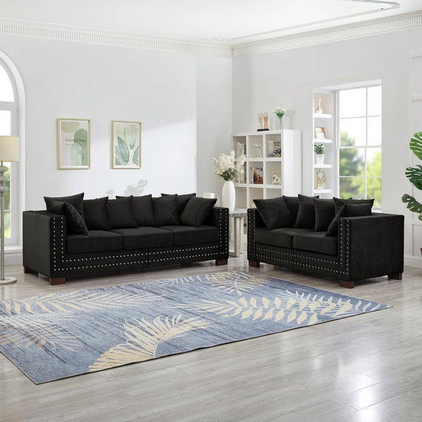 English Elm Modern Velvet Sofa Set 2+3 Seater With Square Armrests & Silver Nailhead Trim - Stylish Comfort! W1097S00192