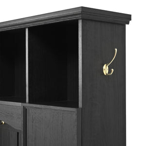 English Elm Hall Tree with Cabinet Storage Bench Gold Hooks Modern Farmhouse Entryway Organizer N721P313980B