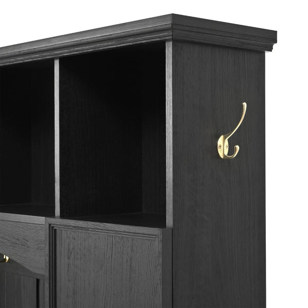 English Elm Hall Tree with Cabinet Storage Bench Gold Hooks Modern Farmhouse Entryway Organizer N721P313980B