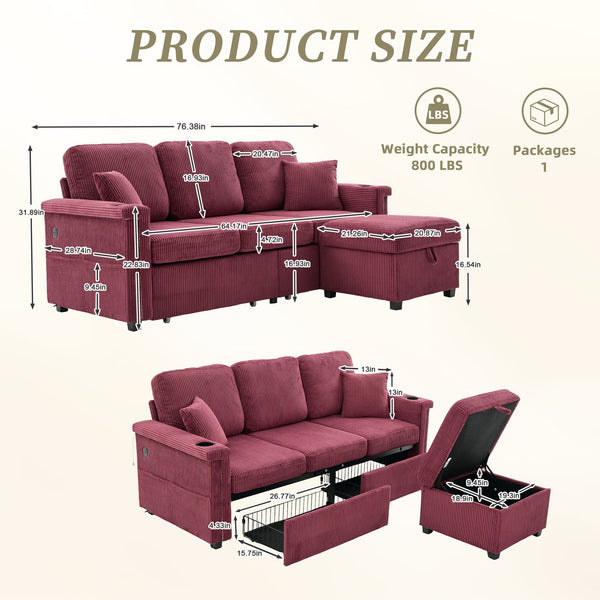 English Elm UNITED Corduroy L-Shaped Sectional Sofa with Storage Ottoman, USB Ports, Cup Holders & LED Lighting WINE RED W1568P332410