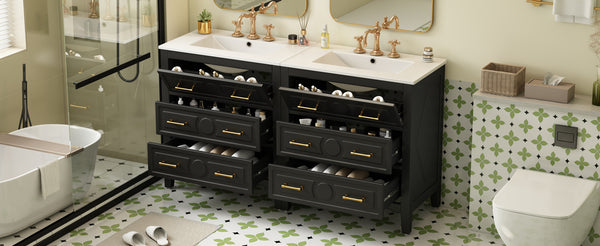 English Elm 60'' Elegant Black Bathroom Vanity Set With Ceramic Sink, 6 Drawers, Solid Wood Frame & Storage N710SS00003B