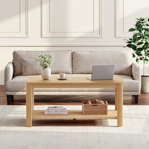 English Elm Arc Corner Oak Coffee Table with Open Shelf Wave Grain Legs Modern Living Room Accent W5563P449955