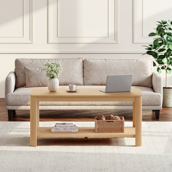 English Elm Arc Corner Oak Coffee Table with Open Shelf Wave Grain Legs Modern Living Room Accent W5563P449955