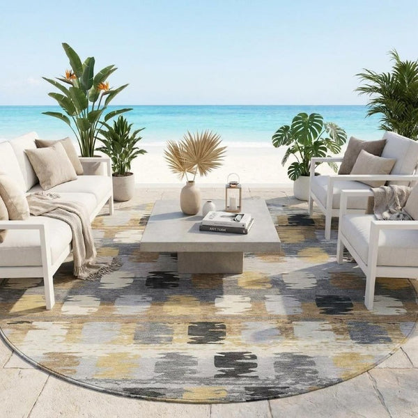 8 Foot Round Abstract Polyester Area Rug for Outdoor Patios and High Traffic Spaces