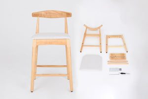 English Elm Mid-Century Solid Wood 24" Counter Stools with Upholstered High-Rebound Seat and Curved Backrest, Set of 2 Natural+Beige W2812P269425