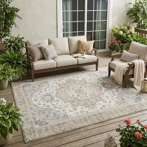5x8 Beige Copper Oriental Polyester Area Rug Stain Resistant Indoor Outdoor Patio