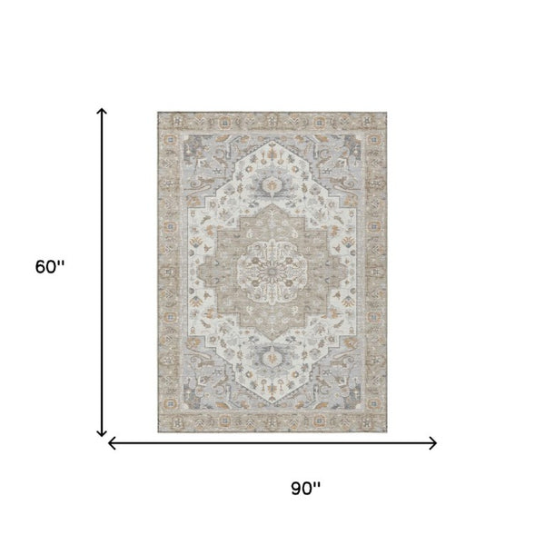5x8 Beige Copper Oriental Polyester Area Rug Stain Resistant Indoor Outdoor Patio