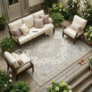 8 X 10 Beige Copper Oriental Polyester Indoor Outdoor Rug Stain Resistant Washable