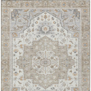 8 X 10 Beige Copper Oriental Polyester Indoor Outdoor Rug Stain Resistant Washable