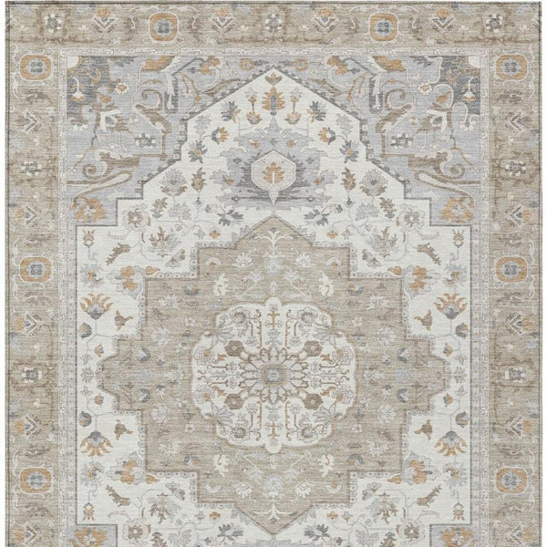8 X 10 Beige Copper Oriental Polyester Indoor Outdoor Rug Stain Resistant Washable