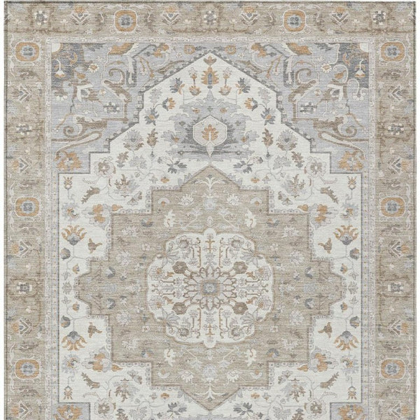 8 X 10 Beige Copper Oriental Polyester Indoor Outdoor Rug Stain Resistant Washable