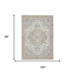 8 X 10 Beige Copper Oriental Polyester Indoor Outdoor Rug Stain Resistant Washable