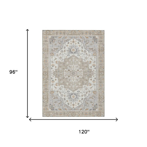 8 X 10 Beige Copper Oriental Polyester Indoor Outdoor Rug Stain Resistant Washable