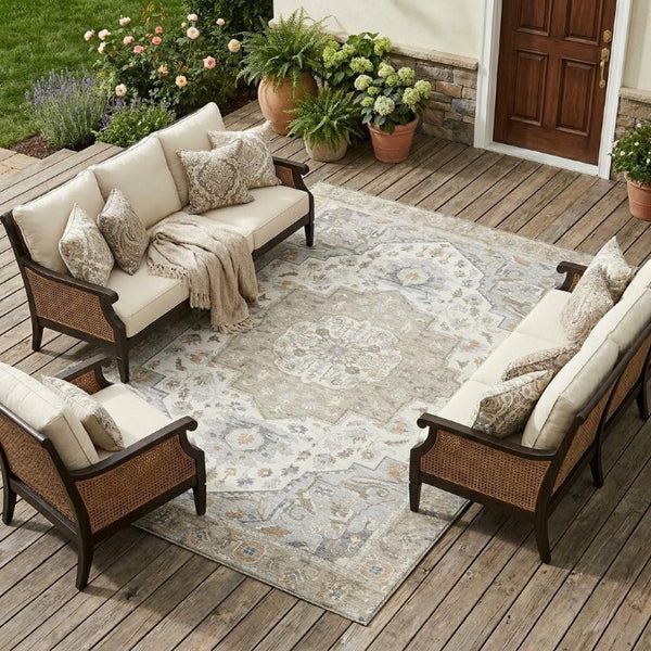 9x12 Beige Copper Oriental Polyester Area Rug Stain Resistant Indoor Outdoor Use