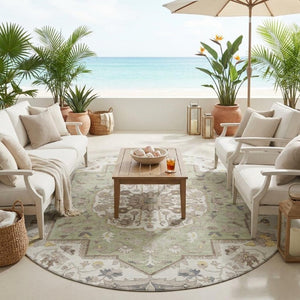 8 Ft Round Oriental Geometric Polyester Area Rug Stain Resistant Indoor Outdoor Use
