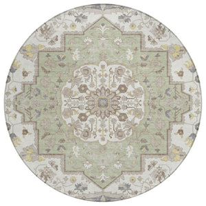 HomeRoots 8 Ft Round Oriental Geometric Polyester Area Rug Stain Resistant Indoor Outdoor Use 736032