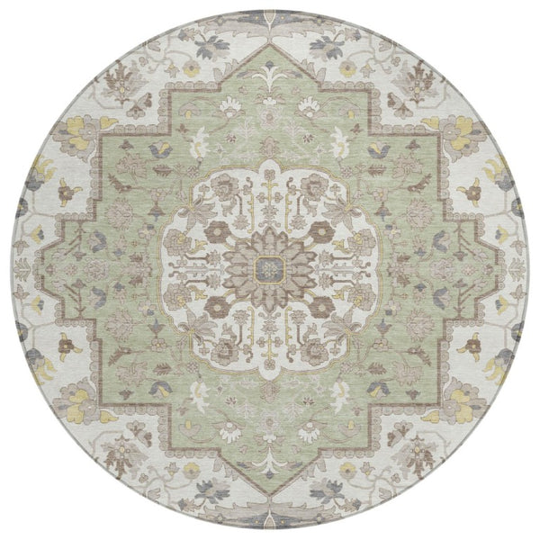 HomeRoots 8 Ft Round Oriental Geometric Polyester Area Rug Stain Resistant Indoor Outdoor Use 736032