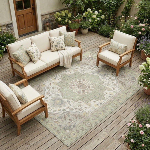8 Ft X 10 Ft Oriental Polyester Area Rug for Patio Porch Living Room Pet Friendly
