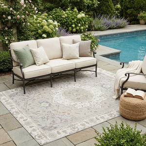 5x8 Ivory Fern Green Oriental Polyester Area Rug Washable for Patio or Living Room
