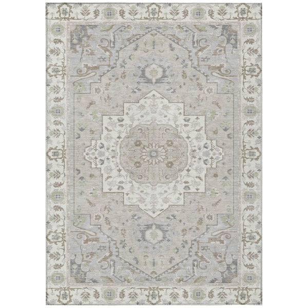 HomeRoots 5x8 Ivory Fern Green Oriental Polyester Area Rug Washable for Patio or Living Room 736037