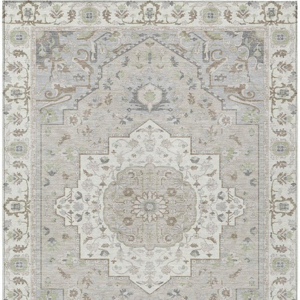 5x8 Ivory Fern Green Oriental Polyester Area Rug Washable for Patio or Living Room