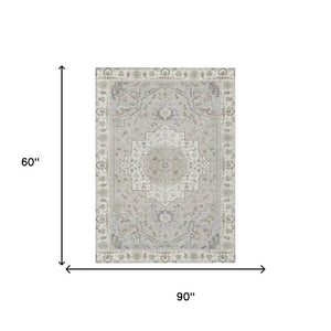 5x8 Ivory Fern Green Oriental Polyester Area Rug Washable for Patio or Living Room