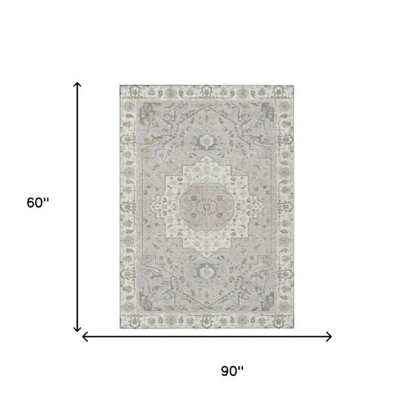 5x8 Ivory Fern Green Oriental Polyester Area Rug Washable for Patio or Living Room