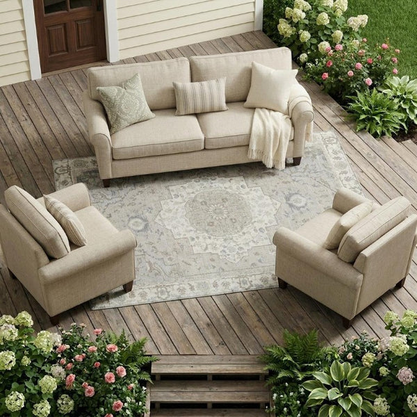 8 X 10 Ivory Fern Green Oriental Polyester Rug Stain Resistant Indoor Outdoor