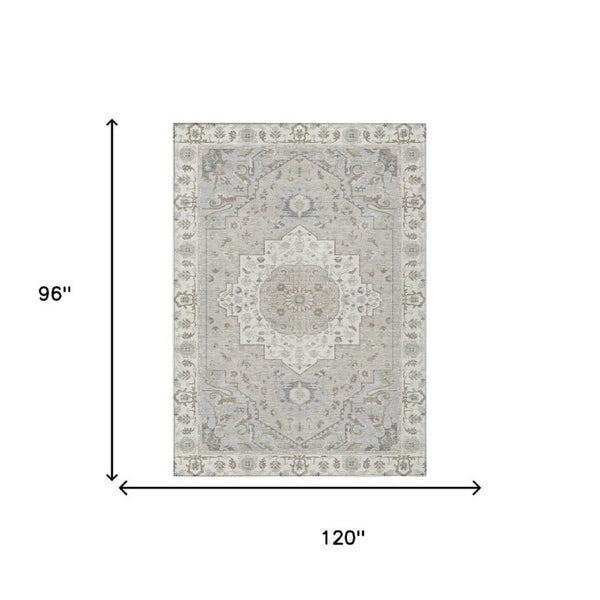 8 X 10 Ivory Fern Green Oriental Polyester Rug Stain Resistant Indoor Outdoor