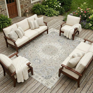 9x12 Washable Polyester Oriental Area Rug Stain Resistant Indoor Outdoor Ivory