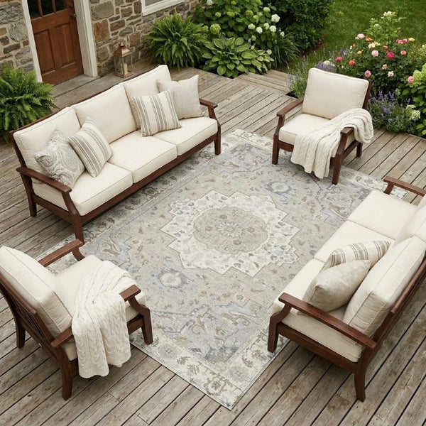 9x12 Washable Polyester Oriental Area Rug Stain Resistant Indoor Outdoor Ivory