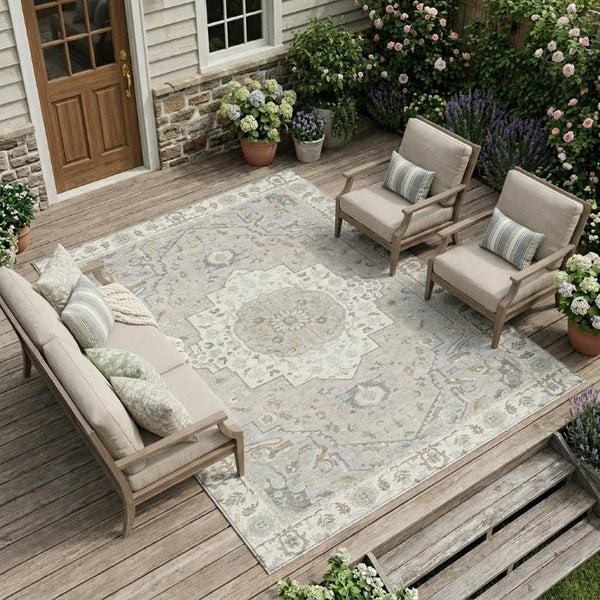10 X 14 Oriental Ivory Fern Green Polyester Washable Indoor Outdoor Area Rug