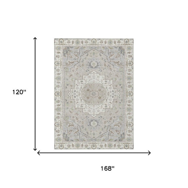 10 X 14 Oriental Ivory Fern Green Polyester Washable Indoor Outdoor Area Rug