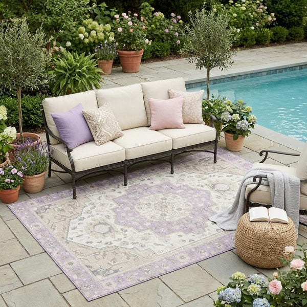 5x8 Oriental Polyester Area Rug Lavender Washable for Indoor Outdoor Patios