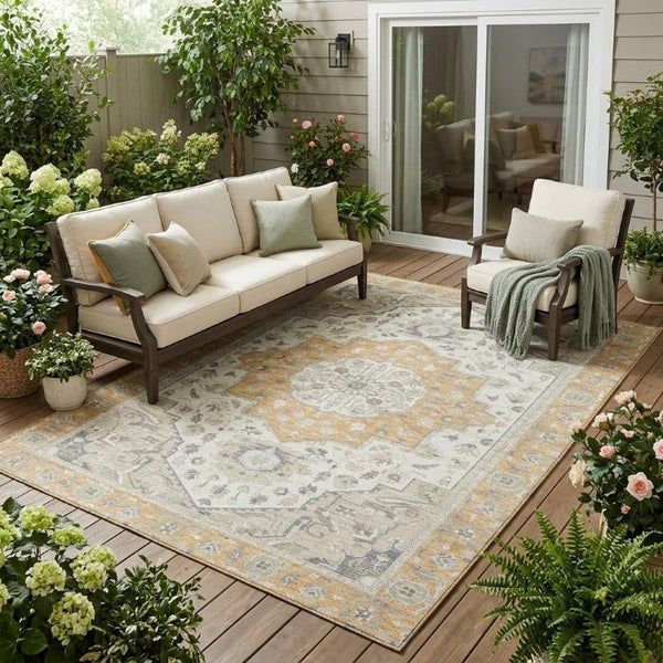 5 X 8 Oriental Peach Gold Washable Polyester Area Rug for Patio Porch or Living Room
