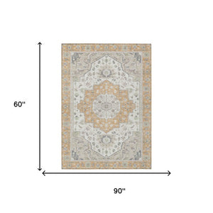5 X 8 Oriental Peach Gold Washable Polyester Area Rug for Patio Porch or Living Room