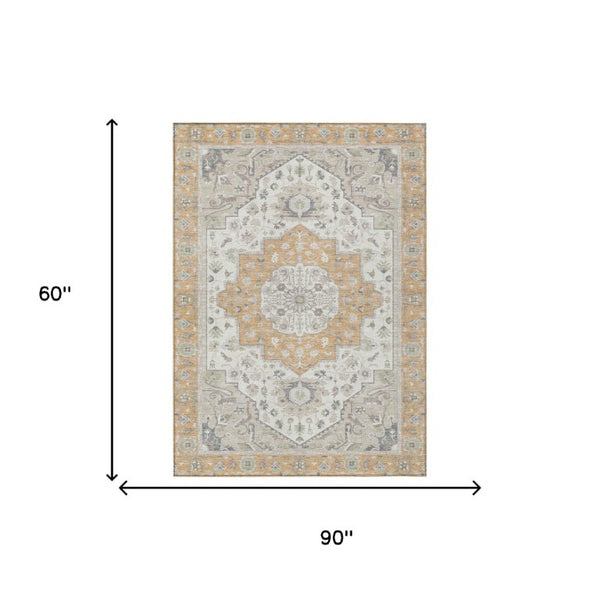5 X 8 Oriental Peach Gold Washable Polyester Area Rug for Patio Porch or Living Room