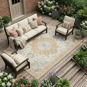 8 Ft X 10 Ft Peach Gold Oriental Polyester Area Rug Stain Resistant Patio Use