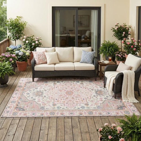 5 X 8 Pink Gray Oriental Polyester Area Rug Washable for Patio or Living Room