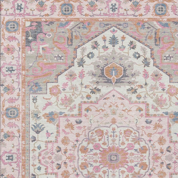 5 X 8 Pink Gray Oriental Polyester Area Rug Washable for Patio or Living Room