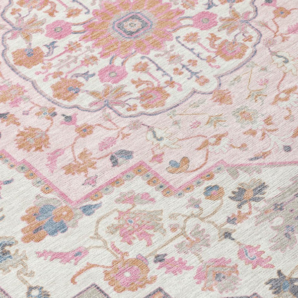 5 X 8 Pink Gray Oriental Polyester Area Rug Washable for Patio or Living Room