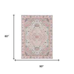 5 X 8 Pink Gray Oriental Polyester Area Rug Washable for Patio or Living Room