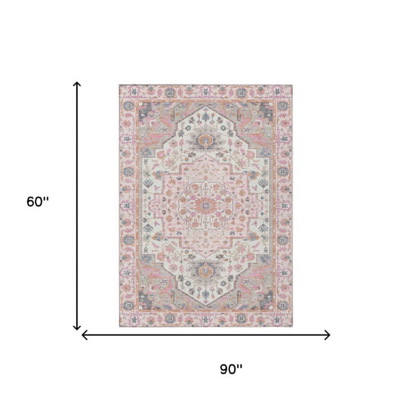 5 X 8 Pink Gray Oriental Polyester Area Rug Washable for Patio or Living Room