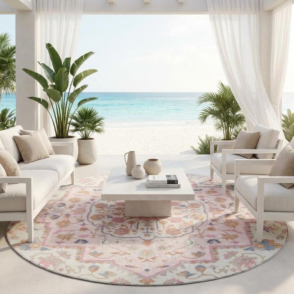 8 Foot Round Oriental Polyester Area Rug Washable Pink Gray Indoor Outdoor