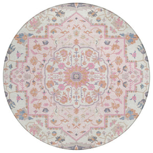 HomeRoots 8 Foot Round Oriental Polyester Area Rug Washable Pink Gray Indoor Outdoor 736056