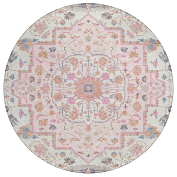 HomeRoots 8 Foot Round Oriental Polyester Area Rug Washable Pink Gray Indoor Outdoor 736056