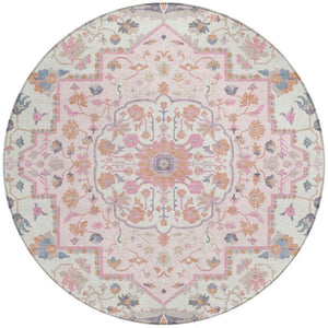 8 Foot Round Oriental Polyester Area Rug Washable Pink Gray Indoor Outdoor
