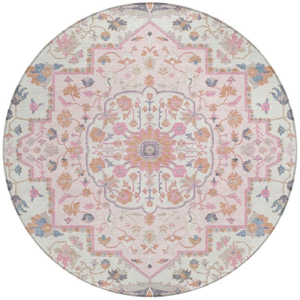 8 Foot Round Oriental Polyester Area Rug Washable Pink Gray Indoor Outdoor