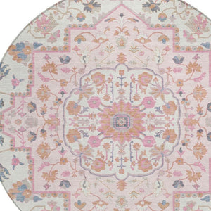 8 Foot Round Oriental Polyester Area Rug Washable Pink Gray Indoor Outdoor